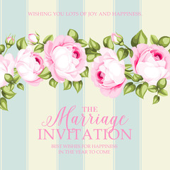 Marriage invitation card. Wedding card template with blooming roses and custom text isolated over blue tile background. Pink flowers of blossom roses. Vector illustration.