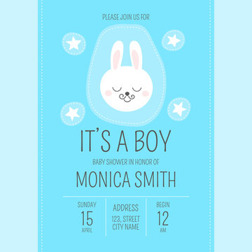 Cute baby shower boy invite card vector template. Cartoon animal It’s a boy illustration. Blue design with little bunny and stars patches. Kids newborn poster or birthday party invitation background.