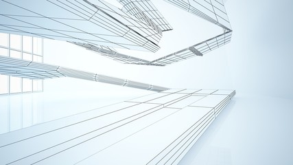 Abstract drawing white parametric interior  with window. Polygon colored drawing. 3D illustration and rendering.