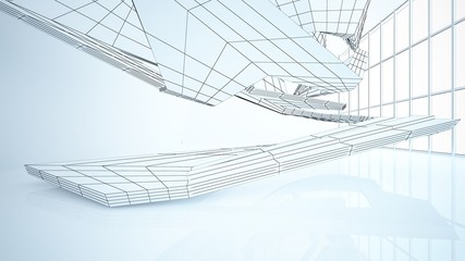Abstract drawing white parametric interior  with window. Polygon colored drawing. 3D illustration and rendering.