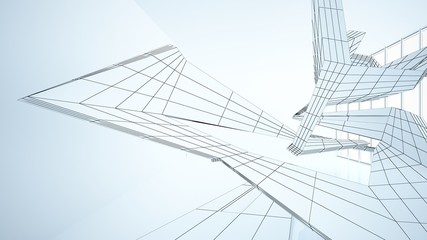 Abstract drawing white parametric interior  with window. Polygon colored drawing. 3D illustration and rendering.
