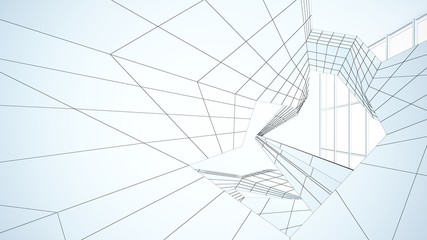 Abstract drawing white parametric interior  with window. Polygon colored drawing. 3D illustration and rendering.