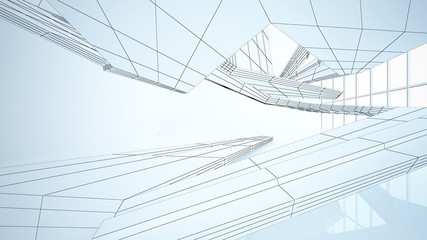 Abstract drawing white parametric interior with window. Polygon colored drawing. 3D illustration and rendering.