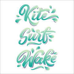 Water extreme sport lettering set in graffiti style isolated on white background: kite, surf, wake. Vector illustration for design t-shirts, banners, labels, clothes, apparel, water extreme sports com
