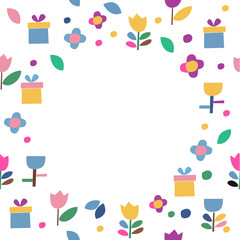 Seamless vector pattern of flowers and gifts icons on a white background. Wrapping paper. 