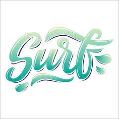 Obraz premium Surf lettering logo in graffiti style isolated on white background. Vector illustration for design t-shirts, banners, labels, clothes, apparel, water extreme sports competition.