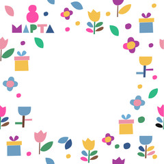 Vector background wiht flowers and gifts icons. For kids and 8 march - international women's day. 