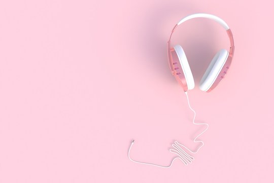 Pink headphones on pink background, Top view with copyspace for your text, 3D rendering