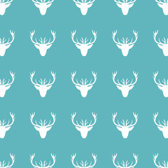 Deer hand drawn vector doodle wild animal illustration, Seamless scandinavian pattern decorative silhouette with curved horns isolated on blue background, texture for design wallpaper, fabric, textile