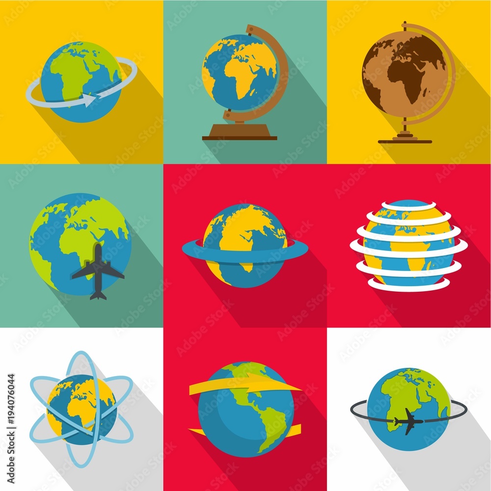 Poster global map icons set. flat set of 9 global map vector icons for web isolated on white background