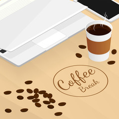 isometric coffee break,cup of coffee on table cafe vector