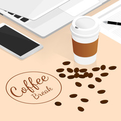 isometric coffee break,cup of coffee on table cafe vector