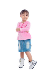 Full length of a little asian girl standing over white background