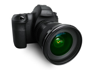 Black DSLR Camera isolated on white background