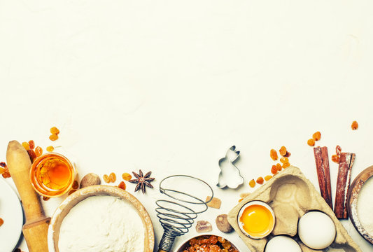 Easter Baking Ingredients, White Food Background, Top View