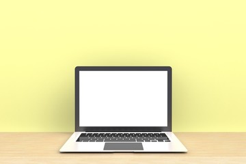 Fototapeta premium Computer Network Connection Digital Technology, Laptop computer white blank screen on wood work table front view, Isolated on yellow background, 3D rendering