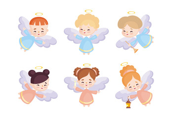 Cute angels set in a cartoon style. Vector illustrations isolated on white background.