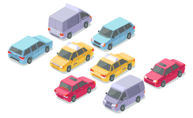 Fototapeta premium Isometric cars vector illustration isolated icons of private car, taxi or armored van and delivery coach. Isometric transport collection of passenger and service cars in traffic on parking flat design
