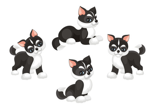 Funny husky puppies set. Vector illustrations in cartoon style isolated on white background.