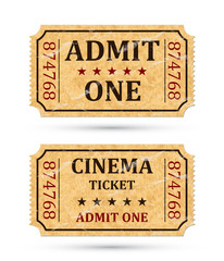 Admit one ticket and Cinema ticket. Two old admission tickets isolated on white background. Vector illustaration