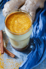 Organic turmeric milk. The concept of healthy eating, diet and detox. View from above.