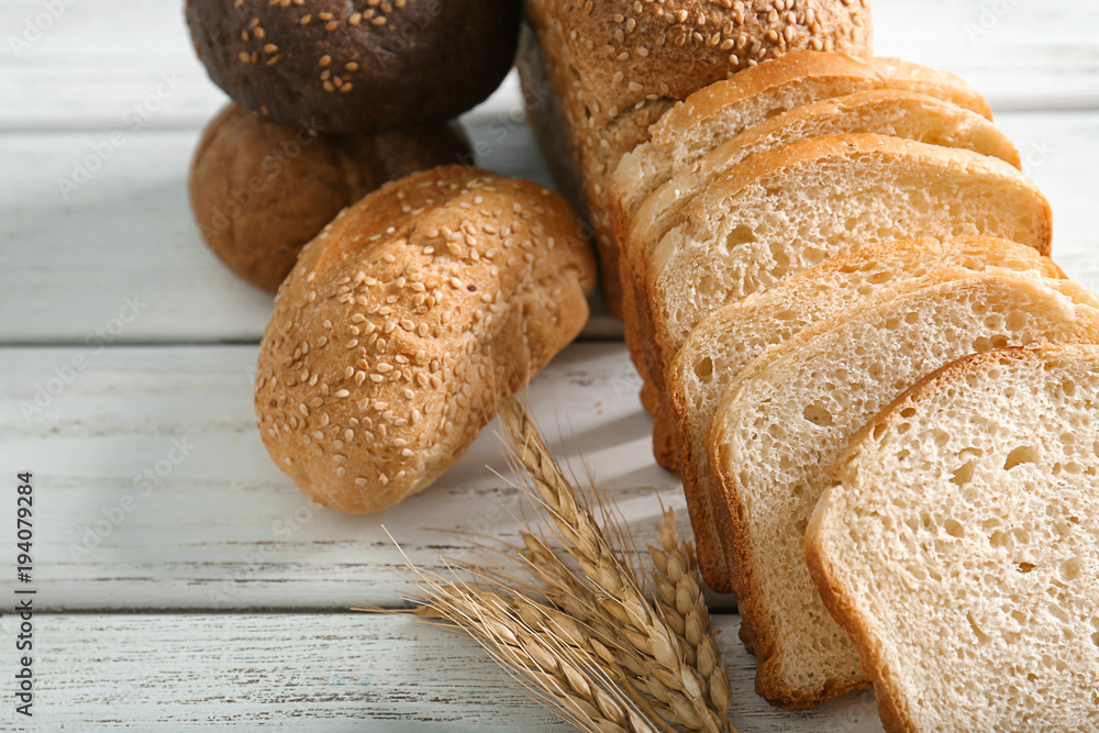 Poster freshly baked bread products on table