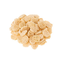 Heap crunchy beige spicy croutons isolated on white background. Fast food template for menu, advertising, cover.