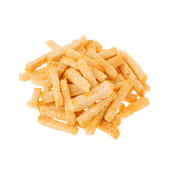 Heap crunchy wheat ruddy spicy sticks croutons isolated on white background. Fast food template for menu, advertising, cover.