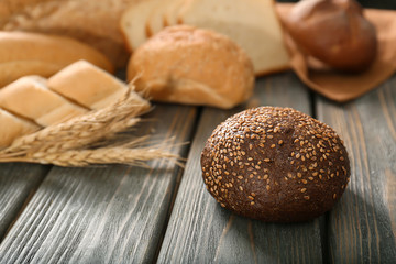 Tasty bun on table. Freshly baked bread products