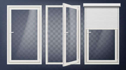 Plastic Door Vector. PVC Plastic Profile. White Empty Roller Shutter. Opened And Closed. Isolated On Transparent Background Illustration