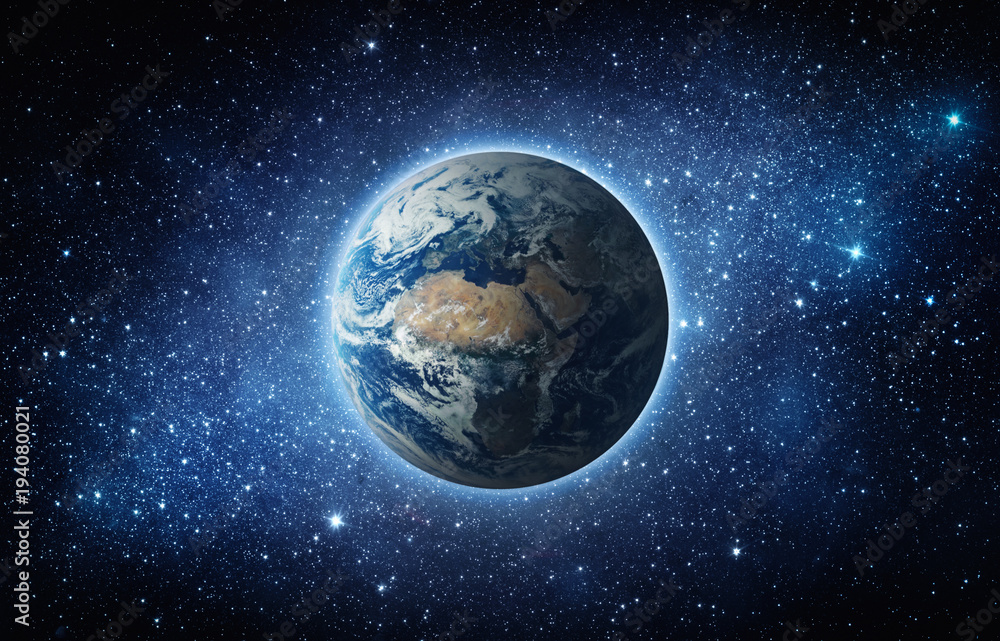 Wall mural panoramic view of the earth, sun, star and galaxy. sunrise over planet earth, view from space. eleme