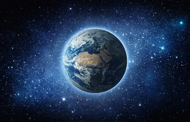 Foto op Canvas Panoramisch zicht op de aarde, de zon, de ster en de melkweg. Zonsopgang boven de planeet Aarde, uitzicht vanuit de ruimte. Elementen van deze afbeelding geleverd door NASA © Tryfonov