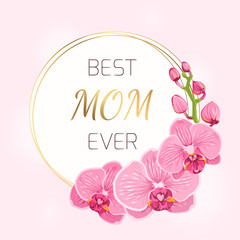 Mothers day floral spring card template. Circle wreath round border frame decorated with exotic pink purple orchid phalaenopsis flowers bouquet foliage inflorescence. Best mom ever text placeholder. - obrazy, fototapety, plakaty