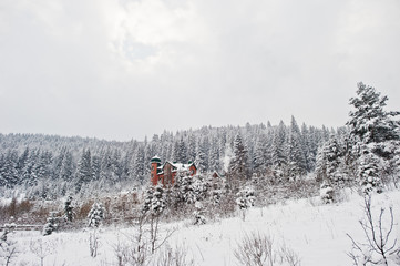 Large house castle at pine trees forest covered by snow at Carpathian mountains. Beautiful winter landscapes. Frost nature.