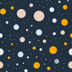 Colorful polka dots seamless pattern on black 7 background. Delightful classic colorful polka dots textile pattern. Seamless scattered confetti fall chaotic decor. Abstract vector illustration.