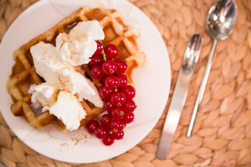 Top view on baked wafer with vanilla ice-cream and red currant. Delicious dessert.