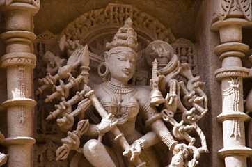 Carved idol of Mahishasuramardini on the inner wall of Rani ki vav,  an intricately constructed stepwell on the banks of Saraswati River. Patan, Gujarat, India