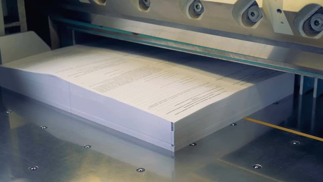 Close-up shot of a worker put paper into paper cutting industrial machine. 4K.