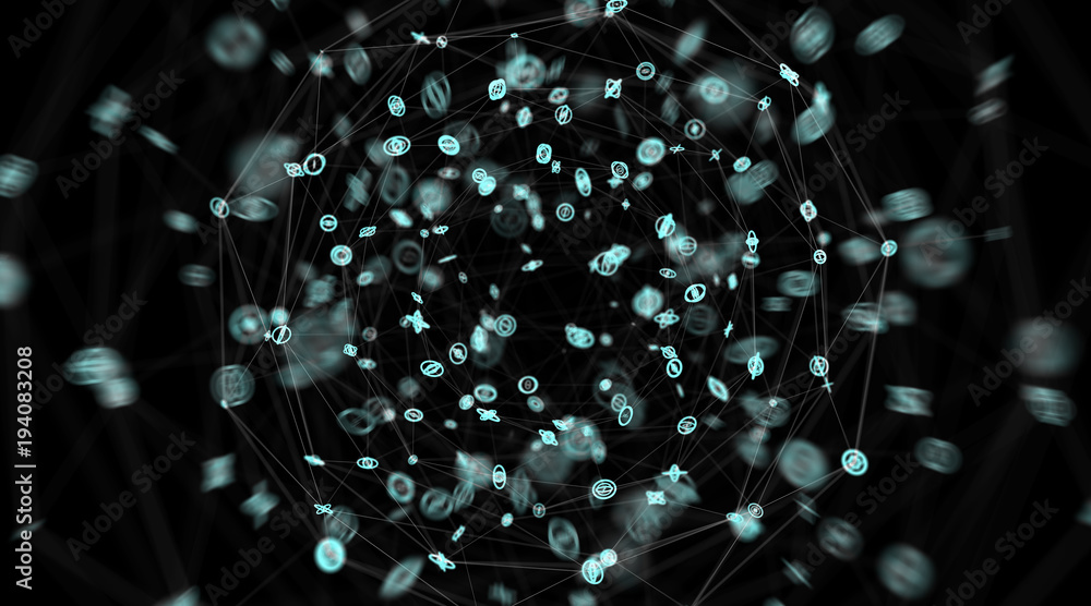Poster Connections system sphere and datas exchanges 3D rendering