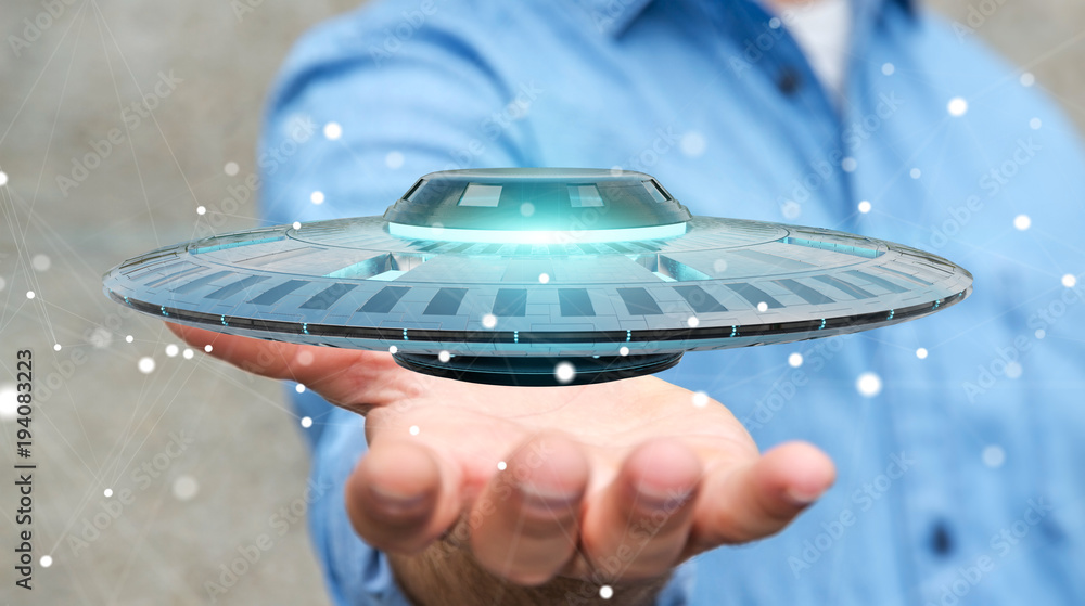 Poster businessman with retro ufo spaceship 3d rendering