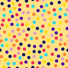 Memphis style polka dots seamless pattern on yellow background. Splendid modern memphis polka dots creative pattern. Bright scattered confetti fall chaotic decor. Vector illustration.