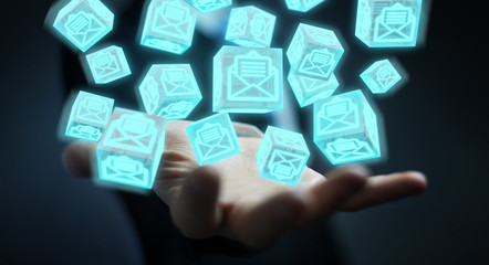 Businessman using floating cube emails 3D rendering