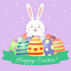 Easter bunny, green ribbon and Easter eggs. Congratulations Happy Easter.