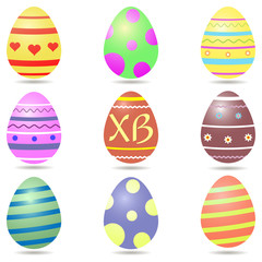 Set of multi-colored Easter eggs with patterns, center with letters XB, on white background.