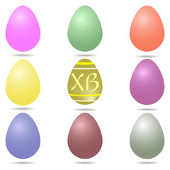 Set of multi-colored Easter eggs, centered with letters XB, on a white background.