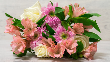 Colorful bouquet of roses, chrysanthemum and alstroemeria flowers