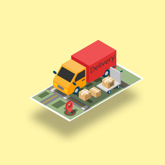 Online tracking. Truck on the map. Delivery of icons. Isometric, 3D. Design for commercial free fast delivery, web banner, brochure, business card. Vector illustration.