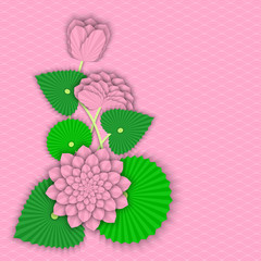 Flowers and lotus leaves in origami style on traditional oriental background. 3d vector design of banners, greeting cards, invitations to Asian holidays or events, layout of business presentations.