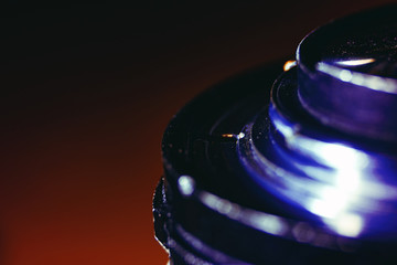 Old manual control lens body. Scratches and dirt. Close-up on the lens bayonet. Concept of repair