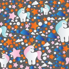 pattern with cartoon unicorn, clouds and stars